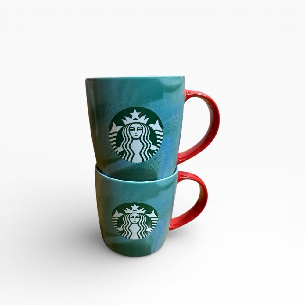 Set of 2 Starbucks 2024 Christmas - Green & Blue Marbled Ceramic Mugs